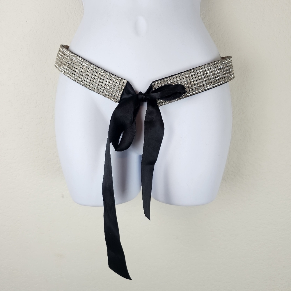 Streets Ahead Crystal Rhinestone Tie Belt Black Satin Ribbon Size M